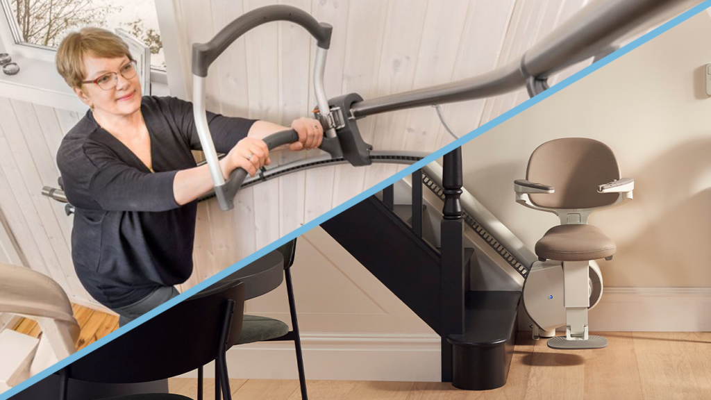 Stair Aids vs. Stairlifts: A split image with one side showing a non mechanical stair aid and the other side showing a professionally installed stairlift.